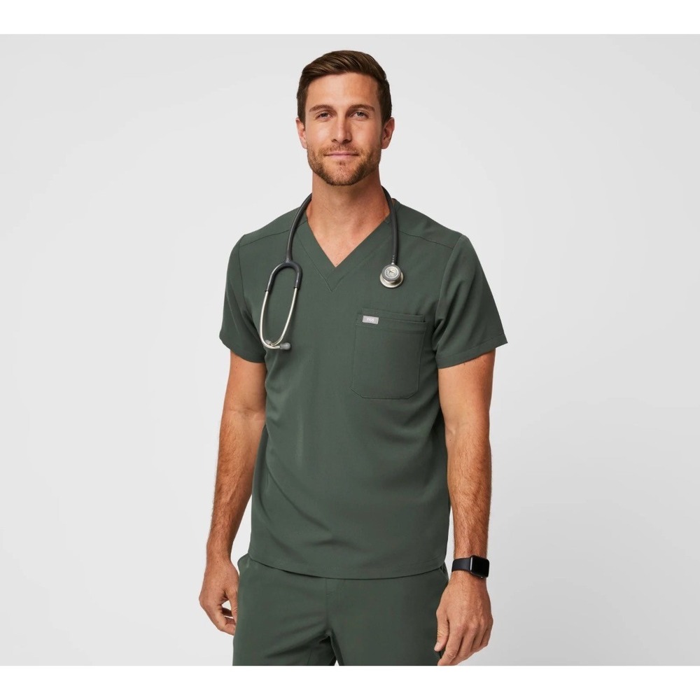 FIGS Leon Scrub Top Mens Small Olive Green V-Neck Technical Collection Medical